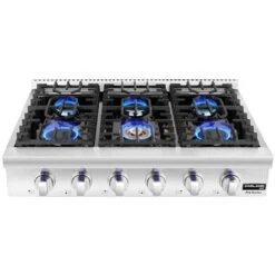 GASLAND Chef 36'' Gas Rangetop NG Pro RT3606- 120V,6 Deep Recessed Sealed Burners, Continuous Cast Iron Grates,Re-ignition - Silver