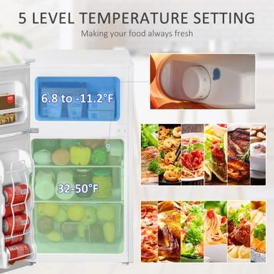 HOMCOM Double Door Mini Fridge With Freezer, 3.2 Cu.Ft Compact Refrigerator With Adjustable Shelf, Adjustable Thermostat - 18" W X 19.75" D X 34" H - White 9 HOMCOM Double Door Mini Fridge With Freezer, 3.2 Cu.Ft Compact Refrigerator With Adjustable Shelf, Adjustable Thermostat - 18" W X 19.75" D X 34" H - White - Image 7