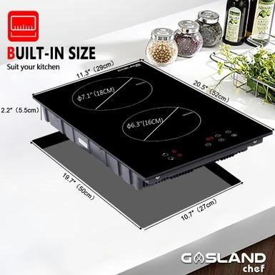 Gasland Chef 12'' Built-in Electric Induction Cooktop With 2 Burners, 9 Power Levels, Sensor Touch Control, 240V - Black 4 Gasland Chef 12'' Built-in Electric Induction Cooktop With 2 Burners, 9 Power Levels, Sensor Touch Control, 240V - Black - Image 2