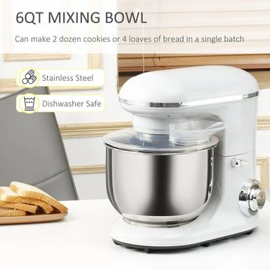 HOMCOM Stand Mixer With Splash Guard, Electric Hand Mixer Set With 6 Qt. Large Mixing Bowl - 14.5" X 9" X 14.5" - White 16 HOMCOM Stand Mixer With Splash Guard, Electric Hand Mixer Set With 6 Qt. Large Mixing Bowl - 14.5" X 9" X 14.5" - White - Image 14