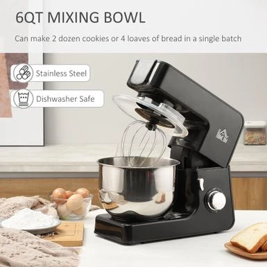 HOMCOM Stand Mixer With Splash Guard, Electric Hand Mixer Set With 6 Qt. Large Mixing Bowl - 15" X 7.25" X 13.5" - 15" X 7.25" X 13.5" - Black 7 HOMCOM Stand Mixer With Splash Guard, Electric Hand Mixer Set With 6 Qt. Large Mixing Bowl - 15" X 7.25" X 13.5" - 15" X 7.25" X 13.5" - Black - Image 5