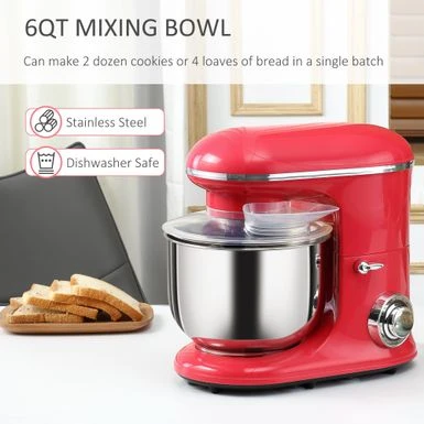 HOMCOM Stand Mixer With Splash Guard, Electric Hand Mixer Set With 6 Qt. Large Mixing Bowl - 14.5" X 9" X 14.5" - Red 7 HOMCOM Stand Mixer With Splash Guard, Electric Hand Mixer Set With 6 Qt. Large Mixing Bowl - 14.5" X 9" X 14.5" - Red - Image 5