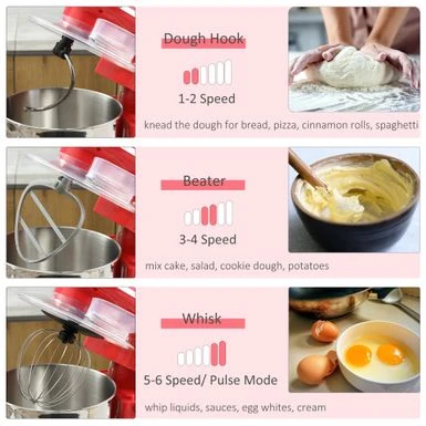 HOMCOM Stand Mixer With Splash Guard, Electric Hand Mixer Set With 6 Qt. Large Mixing Bowl - 14.5" X 9" X 14.5" - Red 6 HOMCOM Stand Mixer With Splash Guard, Electric Hand Mixer Set With 6 Qt. Large Mixing Bowl - 14.5" X 9" X 14.5" - Red - Image 4