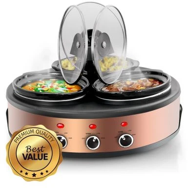 Round Triple 1.5 Qt Slow Cooker Server In Copper With 3 Ceramic Pots - Variable Temperature Control - Stoneware - 1-2 Quarts 4 Round Triple 1.5 Qt Slow Cooker Server In Copper With 3 Ceramic Pots - Variable Temperature Control - Stoneware - 1-2 Quarts - Image 2